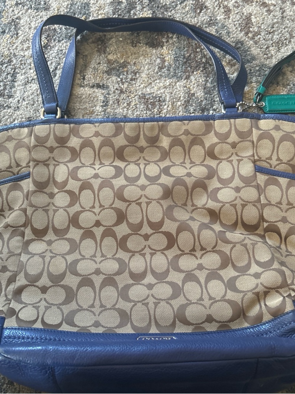 Coach Khaki Signature Canvas Tote with Navy Trim - Picture 2 of 4